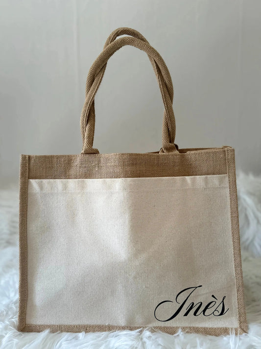 Grand sac toile de jute personnalisé, avec pochette (prénom au choix) LS CUSTOM