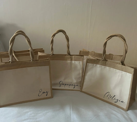 Grand sac toile de jute personnalisé, avec pochette (prénom au choix) LS CUSTOM