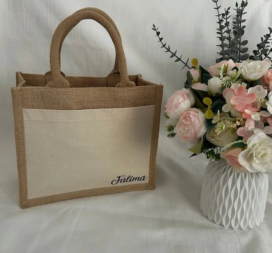 Petit sac en toile de jute personnalisé, avec pochette (prénom au choix) LS CUSTOM
