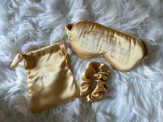 Set masque de nuit personnalisé en satin avec chouchou et pochette - Confort et Elégance LS CUSTOM