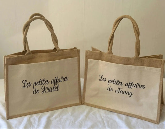 sac en toile de jute personnalisé, avec pochette "Les petites affaires de (prénom au choix)" - Grand format (Copie) LS CUSTOM